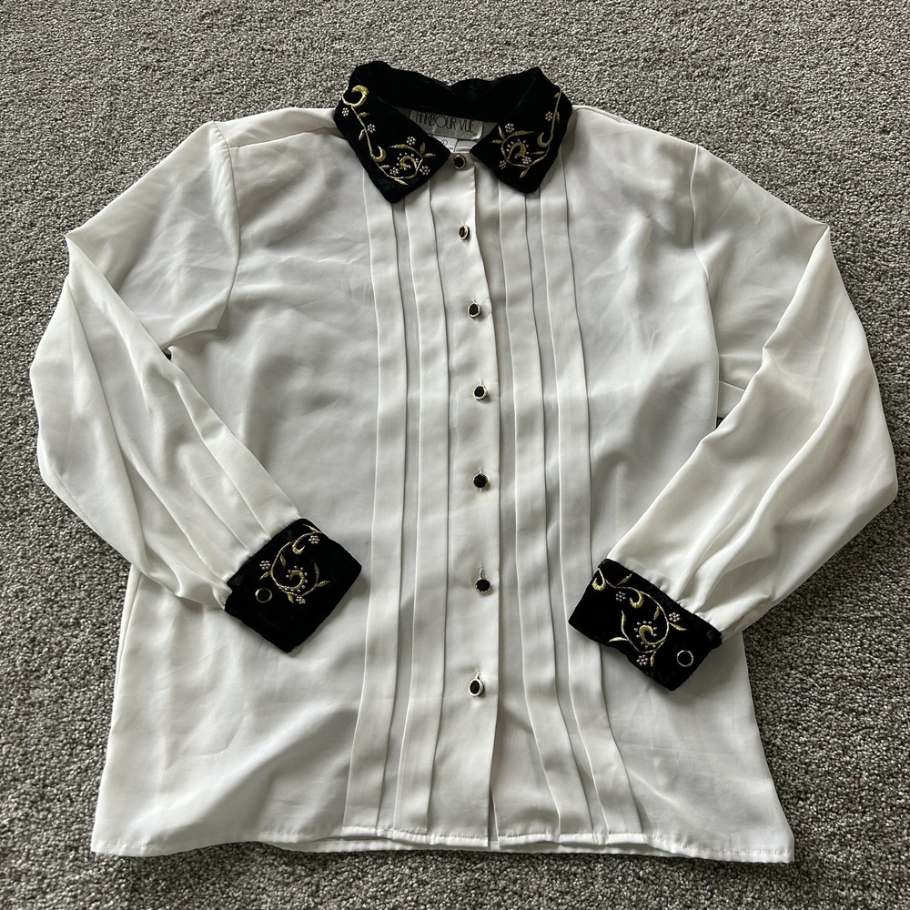 Vintage Harbour Vue Blouse Women L White Velvet Collar Beaded Embroidered Dressy